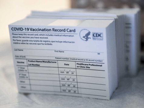 Blandon, PA - April 14: A stack of COVID-19 Vaccination Record Cards from the CDC. At the Giorgio Companies site in Blandon, PA where the CATE Mobile Vaccination Unit was onsite to administer Moderna COVID-19 Vaccines to workers Wednesday morning April 14, 2021. The effort was a collaboration between the Latino Connection, the Pennsylvania Department of Health, Highmark Blue Shield, and the Independence Blue Cross Foundation. (Photo by Ben Hasty/MediaNews Group/Reading Eagle via Getty Images)