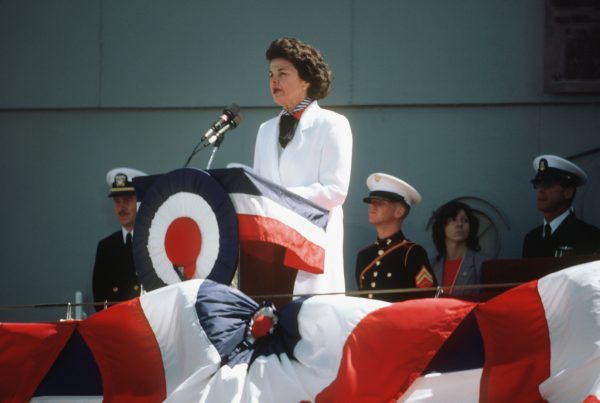 Mayor Dianne Feinstein of San Francisco speaks during the recommissioning of the battleship USS MISSOURI (BB 63).
