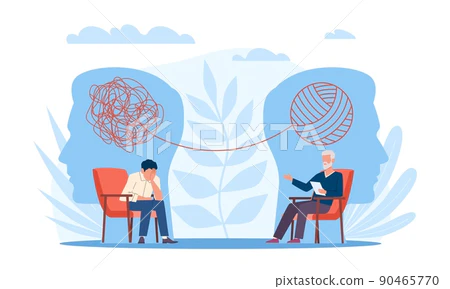 Psychotherapy. Man patient talks about his emotional problems to therapist, tangled lines above, depression treatment, psychological help, mental health vector cartoon flat style concept.
