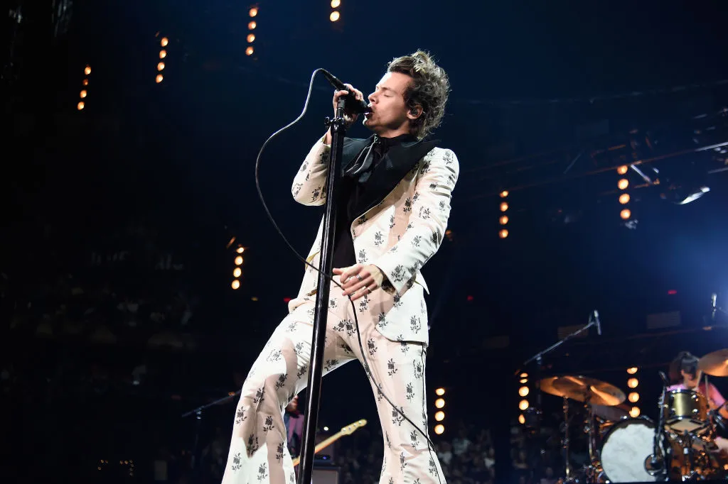 Harry Styles preforming at a concert.